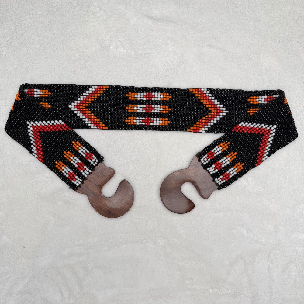 Vintage Beaded Belt Geometric Wood Hook‎ Buckle Boho Southwestern Black OS
